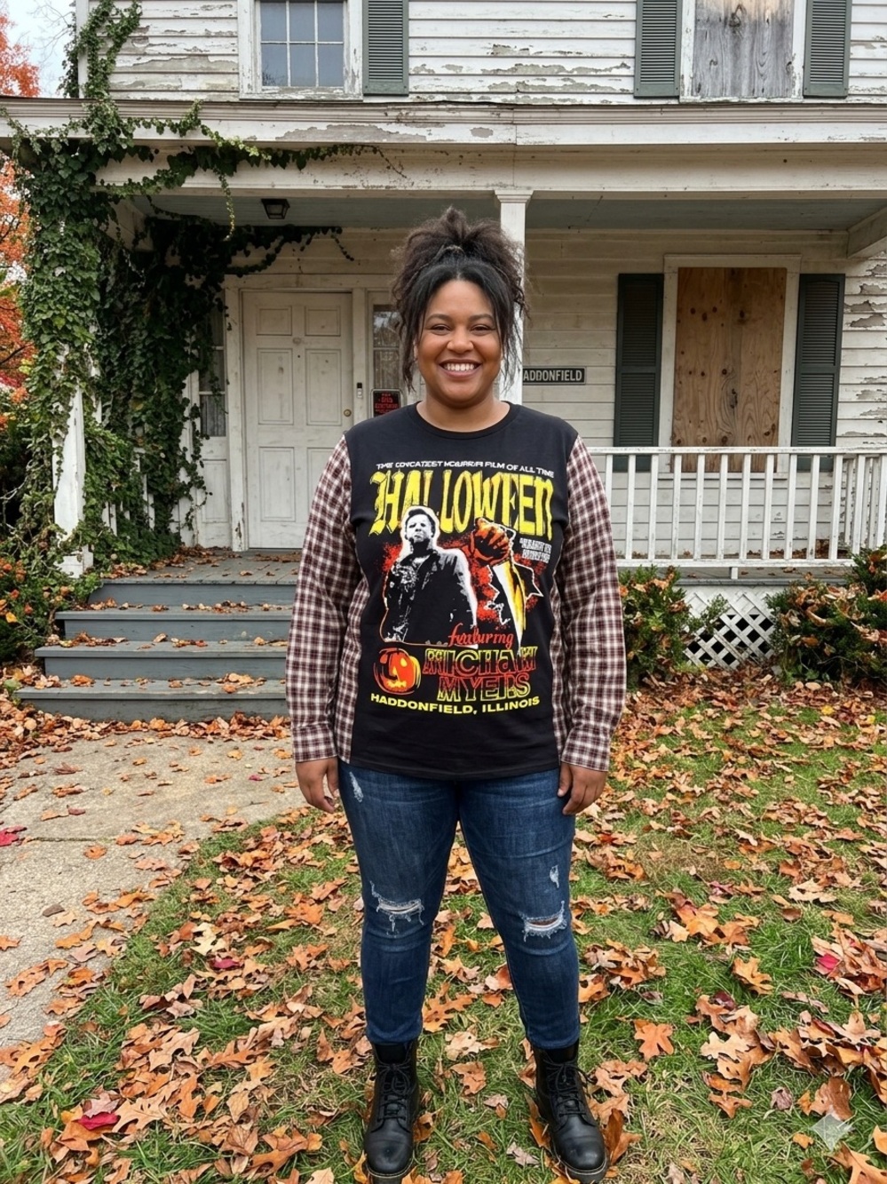 Upcycled Halloween Graphic Plaid Sleeve Pullover - Front & Back Graphics